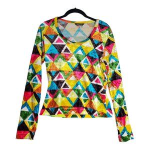 GUESS Crushed Velvet Fitted Top Multicolored Geometric Pattern Long Sleeve sz M